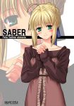  1girl ahoge blonde_hair blouse blush braid collarbone fate/stay_night fate_(series) green_eyes hair_ribbon hands_together head_tilt interlocked_fingers praying ribbon saber short_hair sidelocks solo upper_body yoshida_inuhito zoom_layer 