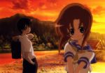  1boy 1girl absurdres black_hair brown_hair clouds highres higurashi_no_naku_koro_ni maebara_keiichi mountain nature river ryuuguu_rena sakai_kyuuta scan school_uniform serafuku sky sunset tree water 