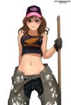  1girl arm_behind_back baseball_cap belt black_gloves broom brown_eyes brown_hair buckle clothes_writing cowboy_shot gloves hat holding looking_at_viewer midriff navel original ryu_(ryu&#039;s_former_site) simple_background sleeveless solo standing tank_top white_background 