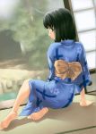  1girl barefoot black_hair blue_eyes feet japanese_clothes kimi_kiss kimono shijou_mitsuki soles solo tanaka_shoutarou 