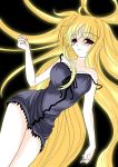  1girl bare_shoulders black_background blonde_hair breasts chemise cleavage collarbone eyebrows eyebrows_visible_through_hair fate_testarossa frapowa head_tilt long_hair looking_at_viewer lyrical_nanoha mahou_shoujo_lyrical_nanoha mahou_shoujo_lyrical_nanoha_strikers off_shoulder simple_background solo spaghetti_strap strap_slip very_long_hair 