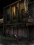  1girl black_hair building dark house japanese_clothes kimono kirin_kakeru mask night original red_eyes road shadow short_hair solo squatting street youkai 