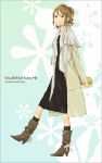  1girl apple arms_behind_back boots brown_boots brown_eyes brown_hair capelet coat dress fashion floral_background food from_side fruit full_body grin high_heel_boots high_heels holding holding_fruit original smile socks solo trench_coat yoshito 