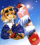  1girl :d blonde_hair blue_eyes blush breath chrno_crusade chrono_crusade dutch_angle gloves hair_ribbon jacket jumping lens_flare moriyama_daisuke official_art open_mouth outdoors ribbon rosette_christopher short_hair short_twintails sky smile snow snowboard solo sunglasses sunglasses_on_head twintails wallpaper 