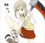  1girl bend bending blonde_hair broken green_eyes maka_albarn pain plaid plaid_skirt scythe skirt soul_eater soul_eater_(character) twintails weapon 