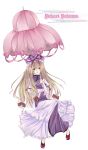  1girl bad_id blonde_hair blue_eyes chitose_mame female hair_ribbon hat highres parasol ribbon solo touhou umbrella yakumo_yukari 