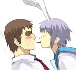  kyon nagato_yuki pocky pocky_kiss shared_food suzumiya_haruhi_no_yuuutsu yu_65026 