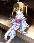  1girl absurdres copyright_request feet highres japanese_clothes kimono miyashita_miki porch solo toes twintails veranda yukata 