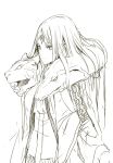  1girl androgynous bare_shoulders creature dress holding lineart long_hair monochrome morii_shizuki simple_background solo standing very_long_hair white_background 