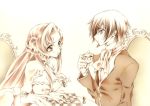  1boy 1girl board_game breasts brother_and_sister chair chess cleavage code_geass cravat cup dress euphemia_li_britannia iyou lelouch_lamperouge monochrome siblings sitting tea teacup yellow 