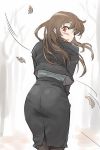  1girl backside black_legwear blush brown_hair leaf michael original pantyhose pantylines red_eyes skirt solo wind 