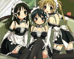  3girls :d ahoge apron back bangs bare_shoulders black_hair black_legwear blonde_hair blue_eyes blue_hair blush bow bowtie breasts brown_eyes couch crocodilian curtains detached_collar elbow_gloves flat_chest frills from_side garter_belt garter_straps garters gloves green_eyes green_hair hair_ribbon hairband indoors kneeling kore_ga_watashi_no_goshujin-sama kurauchi_anna legs legs_crossed light_smile long_hair looking_at_viewer looking_back maid maid_apron maid_headdress multiple_girls official_art open_mouth pochi quad_tails ribbon sawatari_izumi sawatari_mitsuki short_hair sitting small_breasts smile takamura_kazuhiro thigh-highs thigh_gap very_long_hair waist_apron wallpaper white_gloves window yellow_eyes zettai_ryouiki 