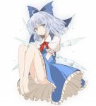  1girl alternate_hairstyle bad_id barefoot blue_hair bow cirno covering covering_crotch female fetal_position legs pale_skin ribbon short_hair solo takaharu teenage the_embodiment_of_scarlet_devil touhou v_arms wings 