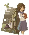  1boy 1girl asami_(artist) book bookshelf glasses library original school_uniform serafuku 