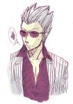  1boy akagi closed_mouth collarbone collared_shirt dress_shirt formal hirayama_yukio looking_at_viewer lowres male_focus pinstripe_pattern pinstripe_suit shirt silver_hair simple_background solo spiky_hair squiggle striped suit sweatdrop upper_body white_background 