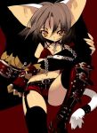  1girl animal_ears blade_(galaxist) boots brown_hair buckle cat_ears cat_tail chains garter_belt holding legs looking_at_viewer navel orange_eyes short_hair sitting tail tail_ornament thigh-highs 