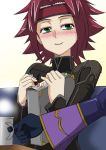  1boy 1girl black_gloves blush bodysuit book bookmark closed_mouth code_geass coffee_mug gloves green_eyes hands headband holding holding_book kallen_stadtfeld long_sleeves looking_at_viewer miyakodori_takayuki nose_blush redhead short_hair smile solo_focus steam 