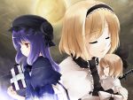  2girls alice_margatroid blonde_hair book capelet closed_eyes doll female hairband hourai hourai_doll long_hair multiple_girls patchouli_knowledge purple_hair sakuraba_yuuki sword touhou weapon 