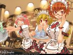  blonde_hair drink gagraphic glasses open_mouth orange_hair pink_hair red_eyes restaurant super_zombie waitress wallpaper 