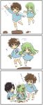  1girl 2boys c.c. code_geass comic green_hair kindergarten kindergarten_uniform kururugi_suzaku lancelot lelouch_lamperouge mizunomoto mud multiple_boys simple_background translated white_background 