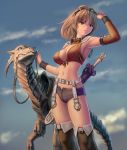  1girl animal armpits boots breasts brown_eyes brown_hair clouds detached_sleeves dinosaur earrings fantasy garter_belt goggles jewelry kanzeon midriff original raptor short_hair shorts sky solo sword weapon 