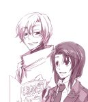  1boy 1girl :d cecile_croomy coat code_geass collarbone dress_shirt lloyd_asplund looking_at_viewer monochrome necktie open_mouth parted_lips shirt simple_background smile teeth upper_body white_background 