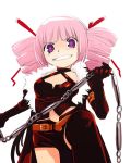  1girl atlus bangs belt black_gloves blunt_bangs buckle clenched_teeth cowboy_shot dark_hunter drill_hair elbow_gloves gloves looking_at_viewer nunchaku open_mouth pink_hair sekaiju_no_meikyuu short_hair simple_background solo standing teeth twin_drills violet_eyes weapon white_background yu_(sekaiju_no_meikyu) yuu_(kfc) 