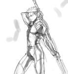  1boy earrings fate/stay_night fate_(series) gae_bolg jewelry lancer long_hair male_focus monochrome polearm ponytail solo spear tetsu_(kimuchi) weapon 