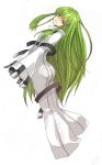  1girl ass blush c.c. code_geass female from_behind full_body green_hair head_tilt long_hair loo looking_at_viewer looking_back robe sidelocks simple_background solo standing straitjacket very_long_hair white_background yellow_eyes 
