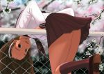  1girl bent_over brown_eyes brown_hair chain-link_fence character_request cherry_blossoms fence flower hairband headband kiriman_(souldeep) long_hair looking_at_viewer open_mouth school_uniform serafuku smile solo upside-down 