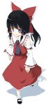  1girl ascot black_hair blue_eyes bow detached_sleeves female frilled_skirt frills from_above full_body hair_bow hair_tubes hakurei_reimu japanese_clothes long_hair miko ribbon sakuraba_yuuki shoes simple_background skirt skirt_set socks solo touhou walking 