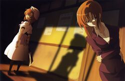  1girl absurdres beret billhook boots bow formal hat hatchet highres higurashi_no_naku_koro_ni official_art older orange_hair ryuuguu_rena sad sakai_kyuuta scan short_hair skirt_suit suit sunset time_paradox weapon 