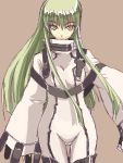  1girl bodysuit c.c. code_geass eyebrows eyebrows_visible_through_hair green_hair long_sleeves looking_at_viewer looking_back outstretched_arms robe sidelocks solo standing straitjacket thigh_gap thighs tsurime turtle wide_sleeves yellow_eyes 