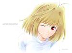  00s 1girl ;) antenna_hair arcueid_brunestud blonde_hair close-up closed_mouth face one_eye_closed portrait red_eyes shirotsumekusa short_hair simple_background smile solo sweater tsukihime upper_body white_background 