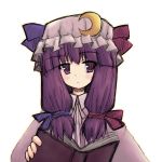  1girl blue_ribbon book crescent crescent_hair_ornament female hair_ornament hair_ribbon hat kurousou long_hair mob_cap patchouli_knowledge purple_hair red_ribbon ribbon simple_background sketch solo touhou upper_body vertical_stripes violet_eyes white_background 