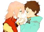  00s 1boy 1girl blue_eyes brown_hair couple flcl green_eyes haruhara_haruko hetero hood hoodie nandaba_naota pink_hair pointing poo_(donkan_gokko) short_hair smile turtleneck 