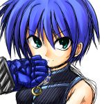  1girl bare_shoulders blue_hair boshinote clenched_hand gauntlets green_eyes looking_at_viewer lyrical_nanoha magical_girl mahou_shoujo_lyrical_nanoha mahou_shoujo_lyrical_nanoha_strikers revolver_knuckle serious short_hair simple_background sleeveless solo subaru_nakajima upper_body vest white_background 