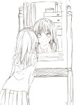  1girl chest_of_drawers drawer face mirror monochrome morii_shizuki original school_uniform serafuku sketch smile solo 