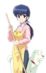  1girl animal apron bamboo_broom blue_eyes blue_hair bow broom collar cowboy_shot denim dog fur g-tetsu hair_bow highres holding jeans long_hair looking_at_viewer maison_ikkoku otonashi_kyouko pants ponytail simple_background smile soichiro solo sweater white_background white_bow 