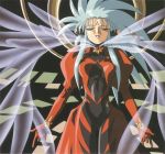  1girl 90s blue_hair facial_mark forehead_mark light_hawk_wings official_art ryouko_(tenchi_muyou!) scan solo spiky_hair tenchi_muyou! wings yellow_eyes 