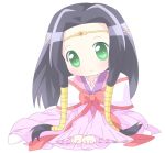  1girl black_hair bow bowtie capelet chibi code_geass dress full_body green_eyes long_hair long_sleeves looking_at_viewer mirai_(sugar) pink_dress red_bow red_bowtie sidelocks simple_background solo sumeragi_kaguya white_background 