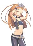  &gt;:o 1girl :o adjusting_hair angry antenna_hair armpits arms_up bandeau bandeau_bikini bare_shoulders belt beltskirt blush bow brown_eyes brown_hair cool_&amp;_sexy_(idolmaster) cowboy_shot flat_chest floating_hair from_side hair_bow hairband high_collar idolmaster kuroboshi_kouhaku long_hair looking_at_viewer midriff minase_iori navel open_clothes open_fly open_mouth open_vest pants pointing simple_background single_vertical_stripe solo standing star star_print tsundere unzipped vest white_background wristband 