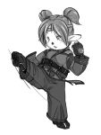  1girl final_fantasy final_fantasy_xi full_body gloves kicking leg_up monk monk_(final_fantasy) monochrome motion_lines pointy_ears simple_background solo standing_on_one_leg tarutaru twintails white_background 