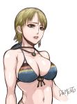 1girl alternate_costume aqua_eyes bangs bikini_top blonde_hair bokkori breasts capcom cleavage cowboy_hat cowgirl demento feather fiona_belli hat jewelry large_breasts navel necklace o-ring_top parted_lips pendant short_hair simple_background single_earring solo white_background 