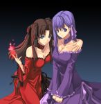  2girls bare_shoulders blue_eyes breasts brown_hair choker cleavage dress embarrassed erect_nipples fate/stay_night fate_(series) gown hair_ribbon hand_on_shoulder highres long_hair magic matou_sakura multiple_girls naughty_face purple_hair ribbon shingo_(missing_link) siblings sisters strapless strapless_dress tohsaka_rin twintails two_side_up violet_eyes 