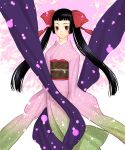  1girl black_hair japanese_clothes kimono long_hair obi original sakamoto_mineji sash solo twintails violet_eyes 