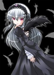  00s 1girl black black_background black_dress black_ribbon black_wings blush dress frilled_sleeves frills futaba_shion hair_ribbon hairband lolita_hairband long_sleeves pink_eyes ribbon rozen_maiden simple_background solo standing suigintou utanone_shion wings 