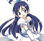  00s 1girl black_eyes black_hair bow cure_white earrings frills futari_wa_precure hair_bow half_updo ixy jewelry long_hair precure skirt smile solo white_background white_skirt yukishiro_honoka 