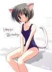  animal_ears cat_ears cat_tail green_eyes happy_birthday one-piece_swimsuit ryouka_(suzuya) school_swimsuit short_hair silver_hair swimsuit tail 