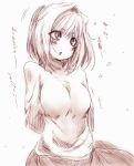  00s 1girl arcueid_brunestud arms_behind_back asano_shimon blonde_hair blush breasts monochrome pink short_hair sketch skirt solo sweater translated tsukihime turtleneck type-moon 